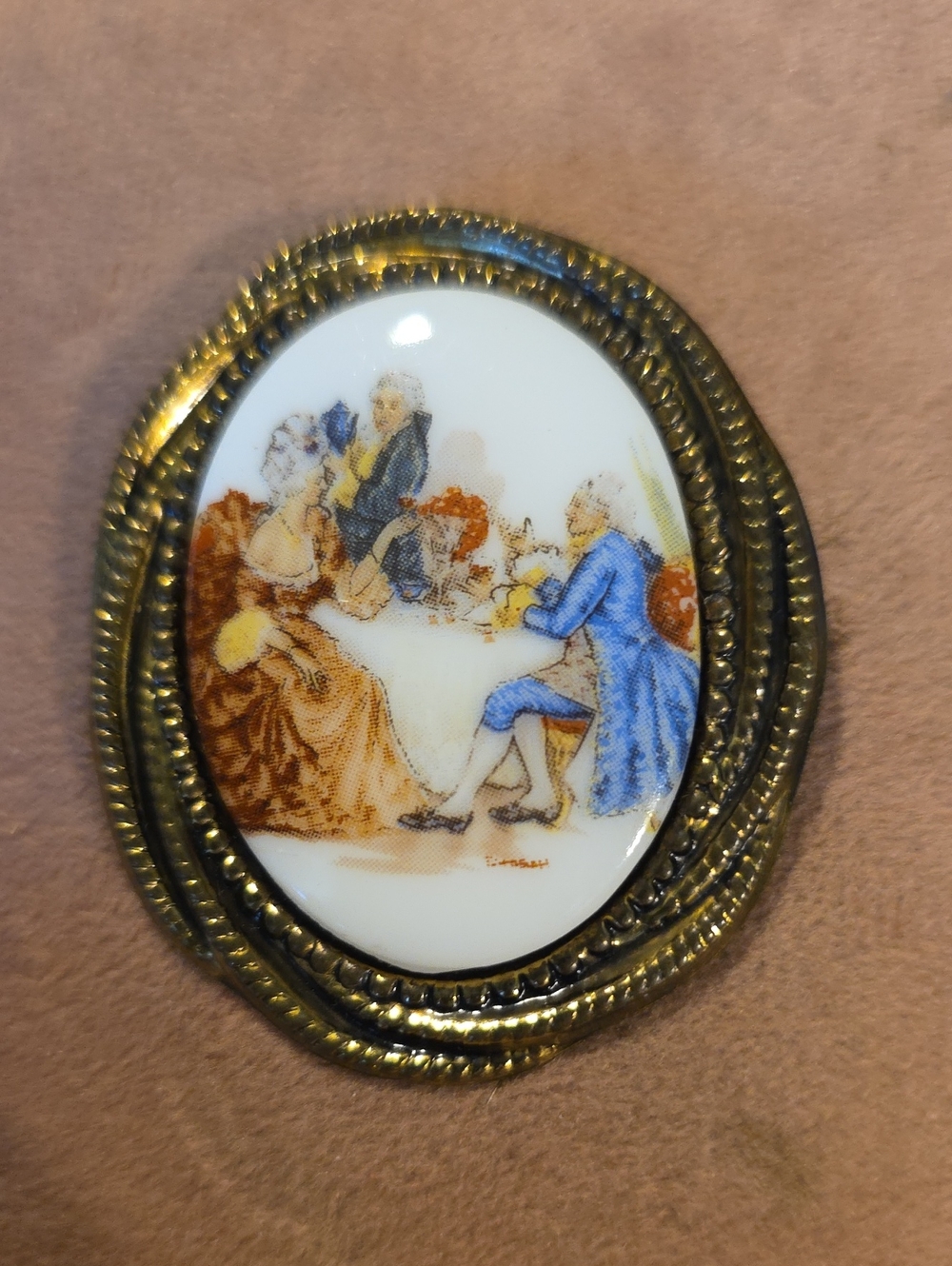 Vintage Signed Germany Porcelain Courting Couple Brooch